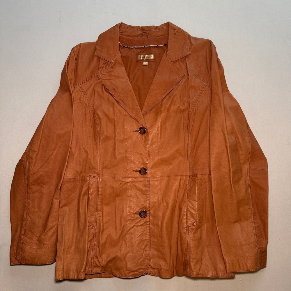 Wilsons Leather Blazer Coat Jacket Womens XL Cognac Orange Leather Button